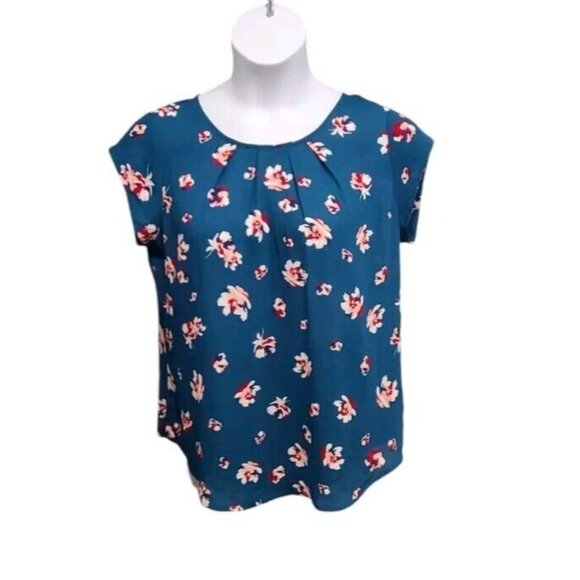 41 Hawthorn Tops - 41 Hawthorn Cap Sleeve Top Womens PL Floral Print Pleated Neck Office Ca…